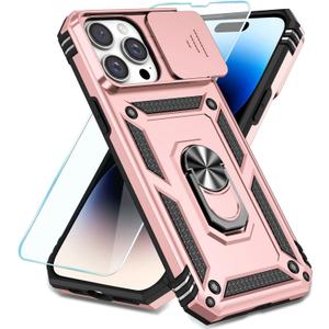 SunStory Compatible with iPhone 14 Pro Case with HD Screen Protector & Slide Camera Cover & Rotated Ring Kickstand, [Military-Grade] Phone Case for iPhone 14 Pro (Rose Gold)
