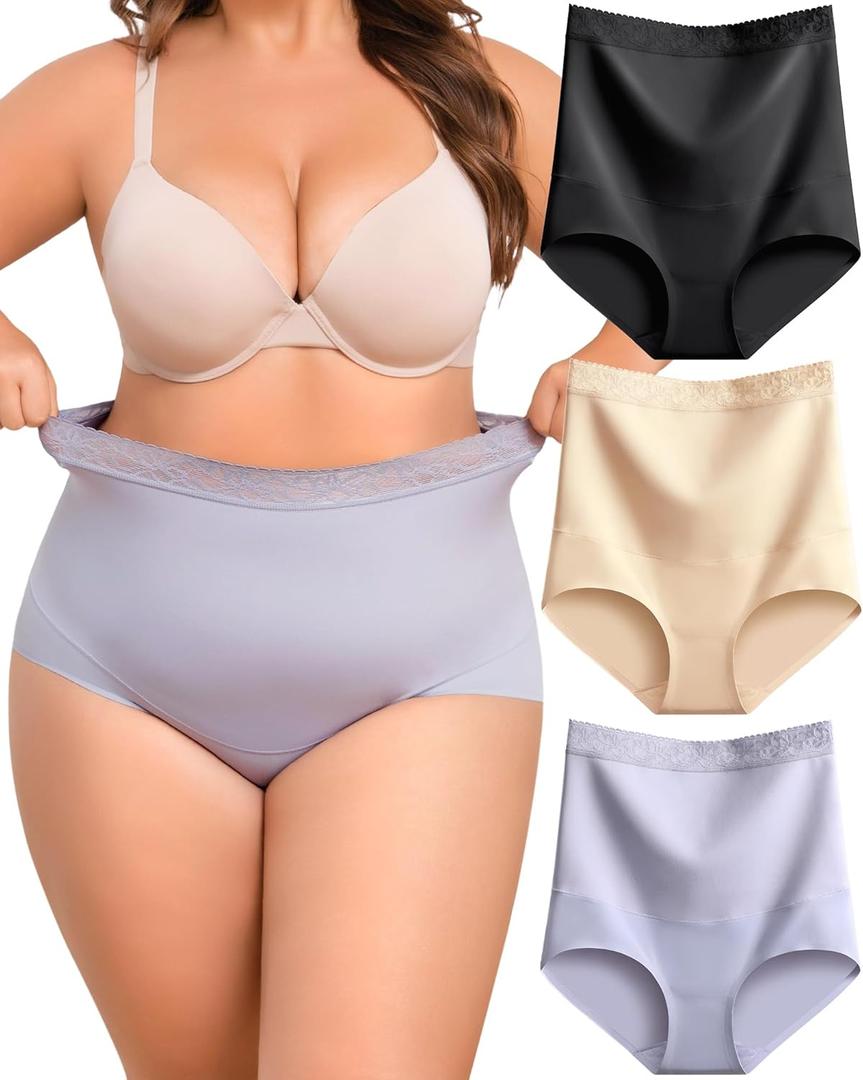 FINETOO Womens Light Tummy Control Shapewear Underwear High Waisted Seamless Panties Lace Full Coverage Postpartum Briefs (Large, Black+beige+blue)