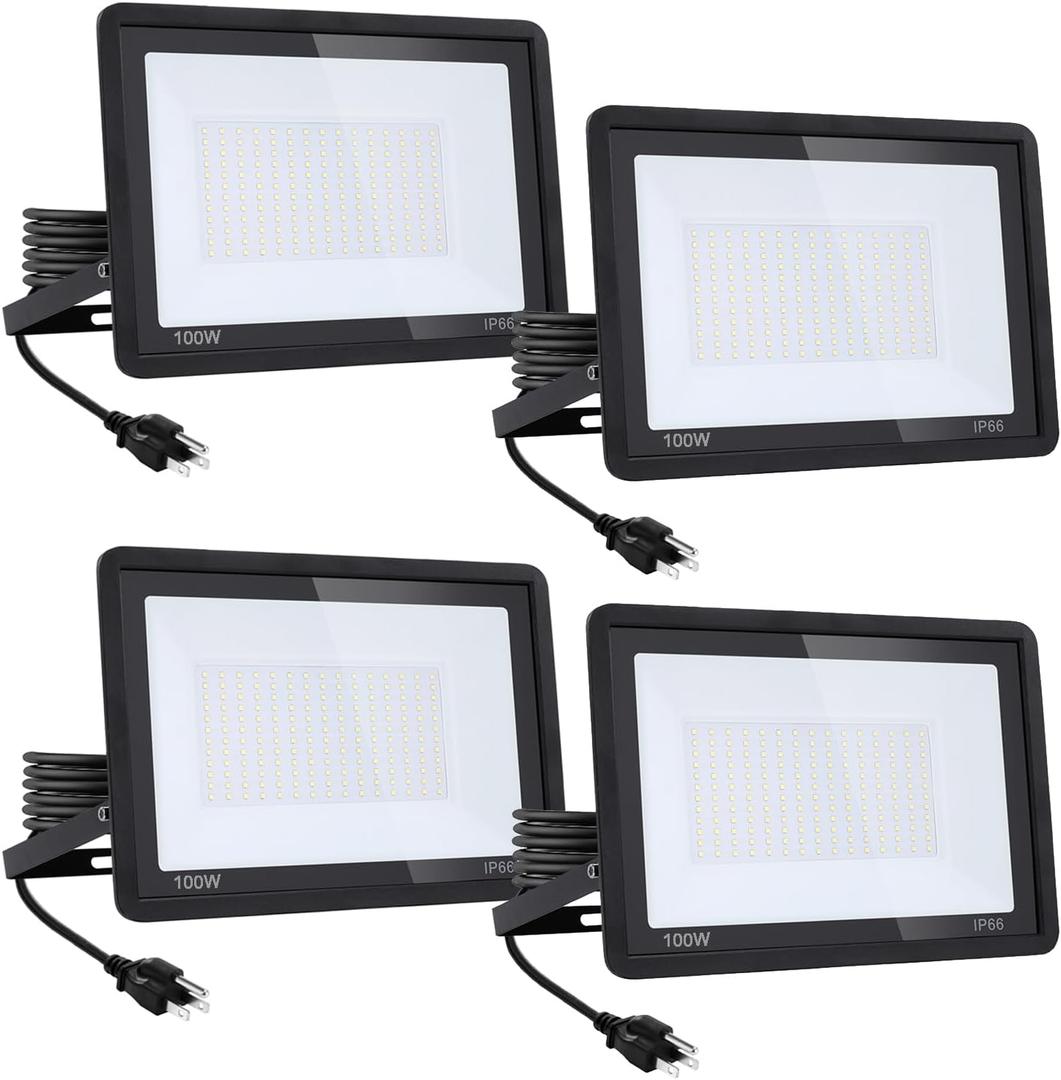 4Pack-100W LED Flood Light Outdoor,11000lm LED Work Light with 6FT US Plug,IP66 Waterproof Exterior Security Lights,6000K Daylight White Outside Floodlights Slim design for Playground Yard Stadium
