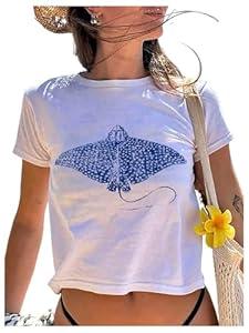 SOLY HUX Women's Y2k Graphic Tees Short Sleeve Aesthetic Vintage T Shirt Summer Crop Tops White Graphic Small