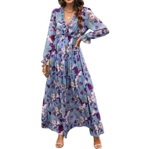 Women's Floral Maxi Dress V-Neck Long Sleeve Boho Flowy Tiered Ruffle Dress for Spring Wedding Guest Vacation (Large, Blue)