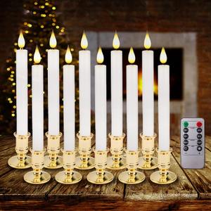 Flameless Window Candles with Remote Timer 10 PCS Battery Operated LED Flickering Taper Candle Lights with Removable Gold Candle Holders Best Gift for Xmas Wedding Home Dinner Decor