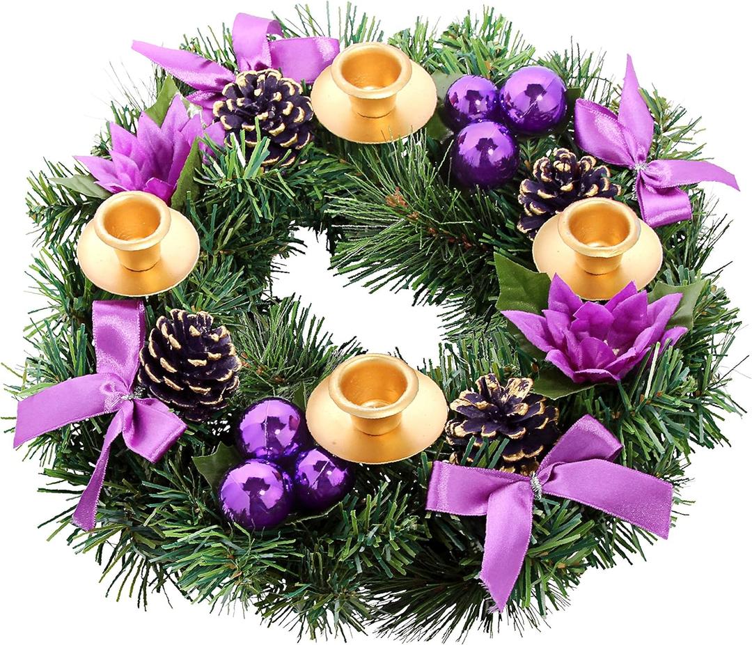 Purple Ribbon Christmas Advent Wreath - for Advent Calendar Season - Centerpiece Decor Candle Holder and X-mas Decorations