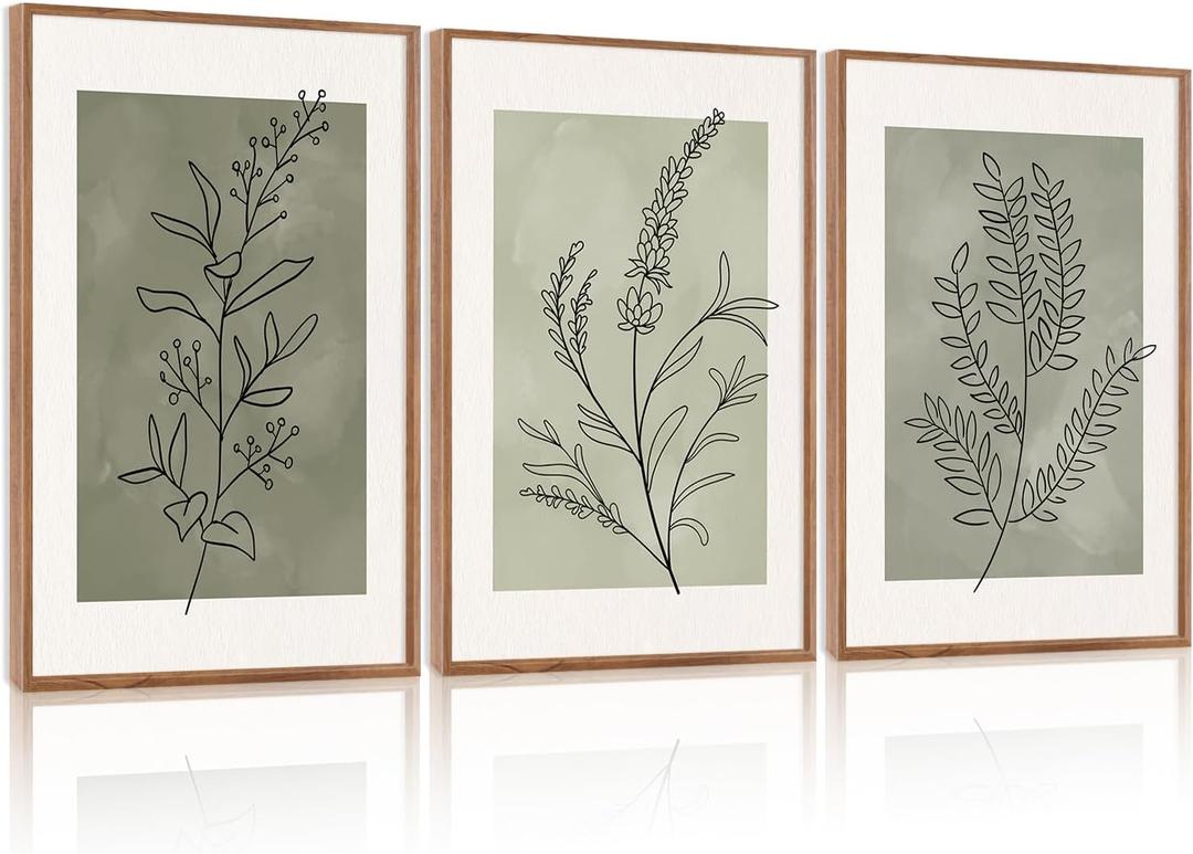 CHDITB Sage Green Framed Canvas Wall Art, Neutral Botanical Line Wall Decor, Olive Tone Plant Poster, Modern Farmhouse Floral Decor, Boho Minimalist Nature Prints for Bedroom Office Decor 16"x24"X3