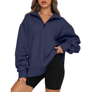 Trendy Queen Women's Oversized Half Zip Fleece Sweatshirts-Cozy Pullover, Drop Shoulder for Fall Winter DarkBlue L