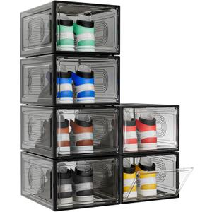6 Pack Thicken Shoe Organizer Stackable,Upgraded Sturdy Shoe Storage Box with Magnetic Door,Shoe Containers For Sneaker Display,Hat Organizer,Black