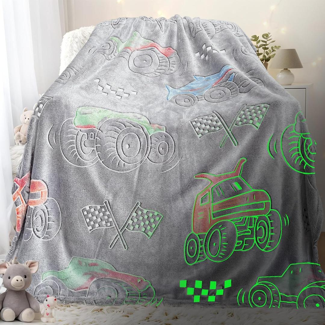 LMKLOP Glow in The Dark Monster Truck Blanket for Boys/Girls/Kids/Toddler/Baby, Cute Funny Car Blanket for Birthday/Gifts, Monster Truck Toys for Boy Age 3-12 40"x 60" (Tractor1)