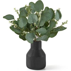 Dahey Artificial Eucalyptus Stems in Small Ceramic Vase Centerpiece Table Decorations Modern Farmhouse Decor Fake Eucalyptus Plants with Vase for Bathroom Kitchen Shelf Living Room Home Decor, Black