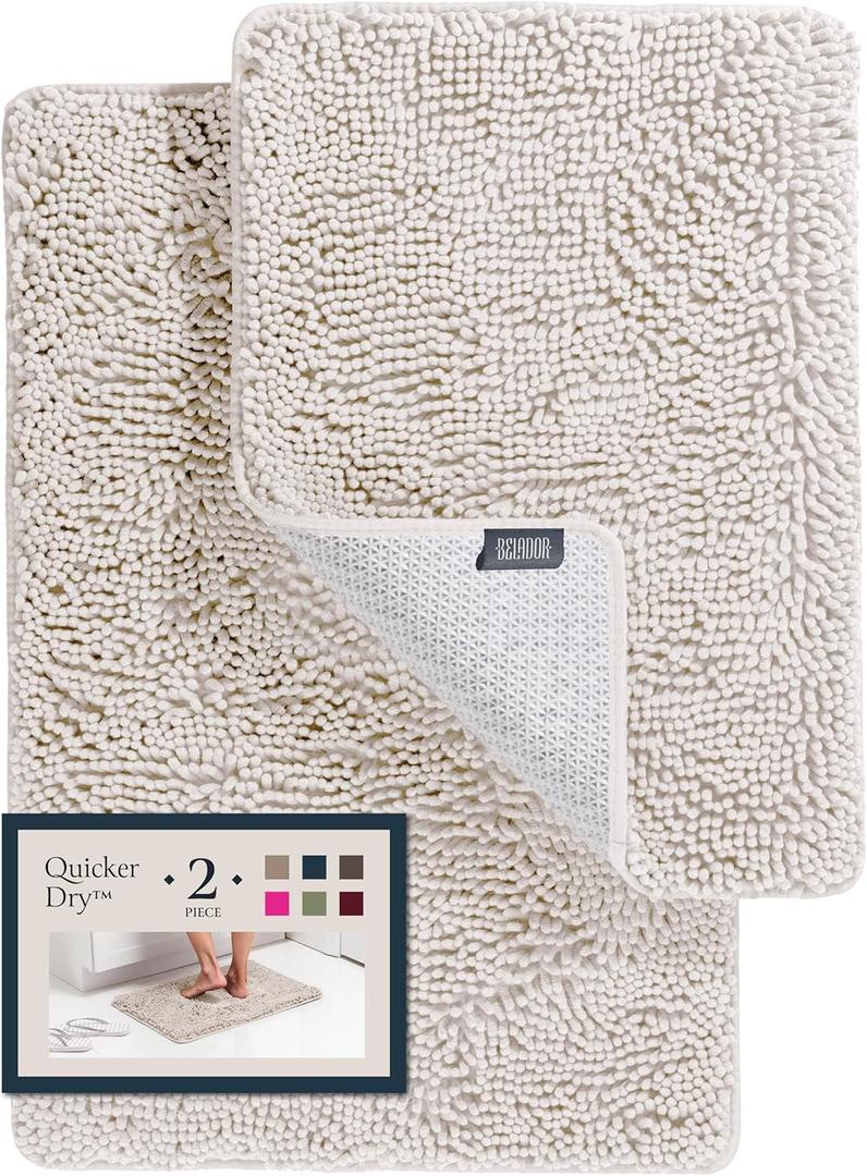 2 Piece Bathroom Rugs Bath Mat Set - Soft Plush Chenille Shower Mats, Durable Bath Rug With Rubber Backing, Ultra Absorbent, Bathtub Mat - 30x20 + 24x17 Inch (04 Ivory)