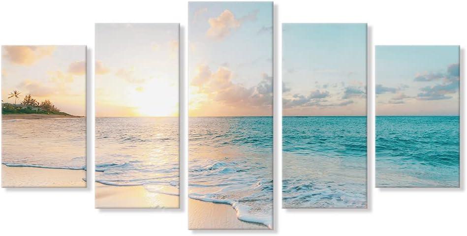 Goldfoilart 5 Pieces Beach Sunset Canvas Wall Art Blue Sea Prints Romantic Ocean Waves Pictures Painting for Living Room Bedroom Home Decorations Wall Decor Ready to Hang, 12x20Inchx2pcs+12x26Inchx2pcs+12x32Inch x1pc