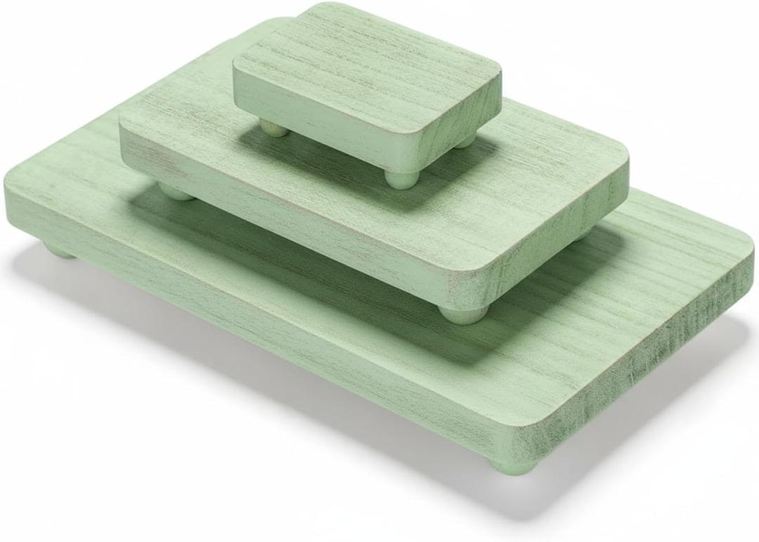Maitys 3 Pcs Wooden Risers for Display Pedestal Stand Wooden for Decor Farmhouse Vintage Rustic Stackable Kitchen Stand Tray Riser, Spring Home Refresh, 3 Sizes(12 x 6.7, 8 x 4.7, 4 x 2.8 in,Green)