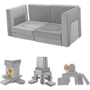 12Pcs Modular Kids Play Couch Multifunctional Foam Toddler Sofa Convertible Kids Sofa Playroom Bedroom Furniture Floor Foam Explorer Couch with Building Fort Feature for Boys and Girls (Light Gray)