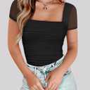 Chunpin Women's Square Neck Bodysuit Ruched Top Mesh Long Sleeve Bodysuits Thong Body Suits Leotard Shirt Going Out, Large