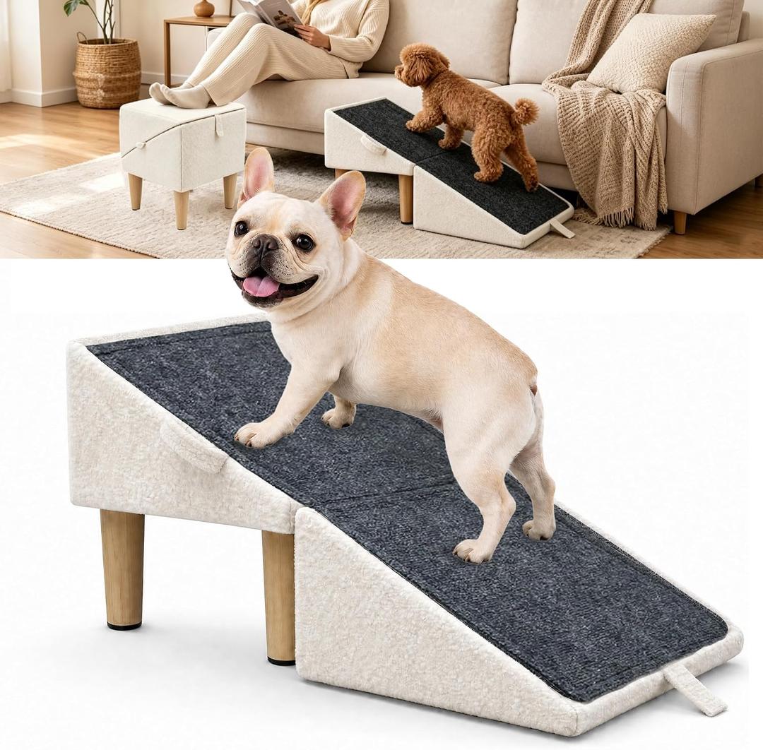 Split Ottoman Dog Ramp for Couch & Bed, 2-in-1 Foldable Wooden Pet Stairs & Steps, Anti-Slip Dog Steps for Small Dogs, Puppies & Senior Dogs, Space-Saving Pet Ramp Ottoman, White