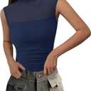 PRETTYGARDEN Women's Summer Sheer Mesh Tank Tops 2025 Trendy Casual Sleeveless Mock Neck Ruched Slim Fitted Going Out Shirts (Blue, S)