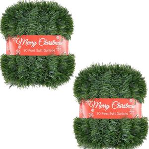 2 Pcs 50 Foot Christmas Garland for Indoor and Outdoor Decor -Thick & Fluffy Artificial Greenery Soft Garland for Fireplace, Staircase, Holiday & Wedding Decoration