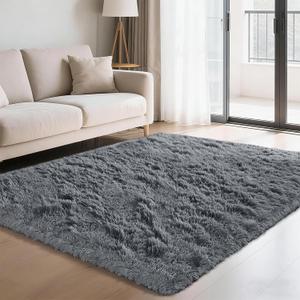 Fluffy Rug Shag Area Rug, Grey 4x6 Area Rugs for Bedroom, Small Bedside Rug, Soft Fluffy Shag Entryway Throw Rugs for Living Room Bedroom Kids Room Home Decor