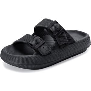 Weweya Sandals for Women and Men - Pillow Slippers - Double Buckle Adjustable Slides - EVA Flat Sandals (5.5-6.5 Women/3.5-4.5 Men, Black)