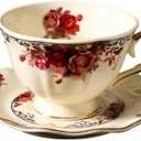 PICORLANE 8 oz Vintage flower Ceramic cup and 6" saucer set with Brand customized stainless steel spoon Gifts for Afternoon Tea Coffee Hour (B)