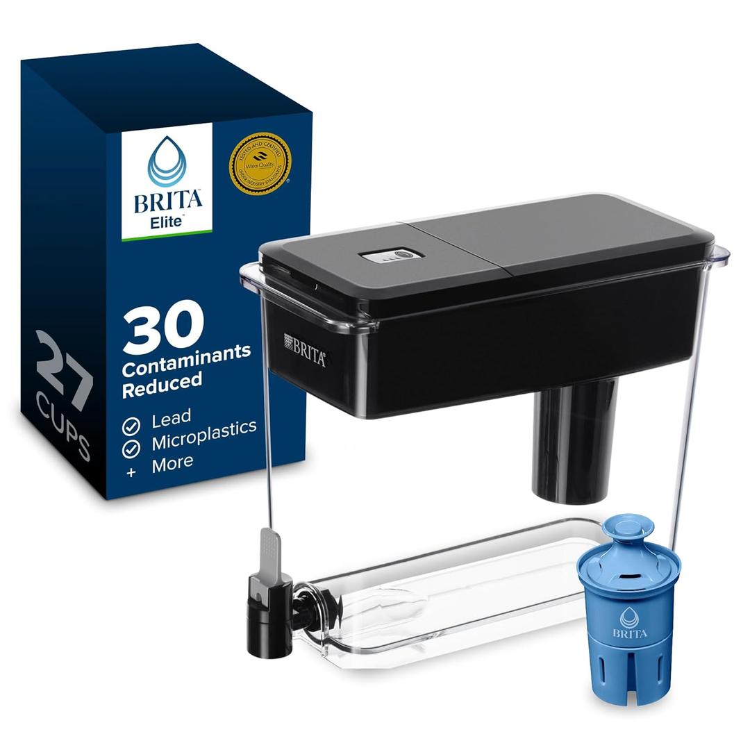 Brita 27 Cup Water Filter Dispenser with Elite Filter, NSF Certified to Remove 99% of Lead, Reduces 30 Contaminants Including Microplastics, Mercury & Chlorine, SmartLight Indicator, BPA-Free, Black
