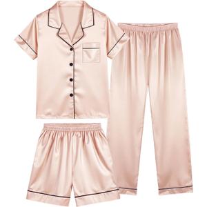 HONGTEYA 3 Piece Girls Clothes Sets, Silk Satin Teens Outfit Size 8-15 Years (Pink, L)