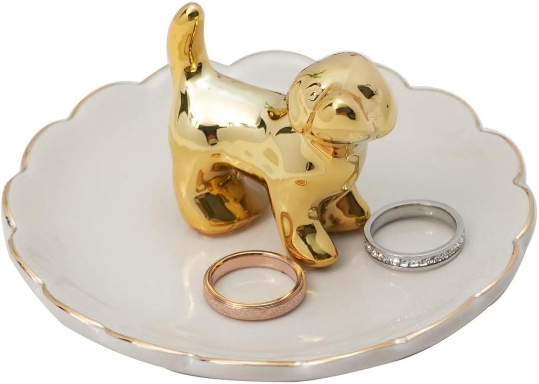 Ceramic Dog Ring Holder with White Dish,Ring Dish Trinket Tray for Rings,Earrings,Jewelry Organizer,Gifts for Women (Dog-B)