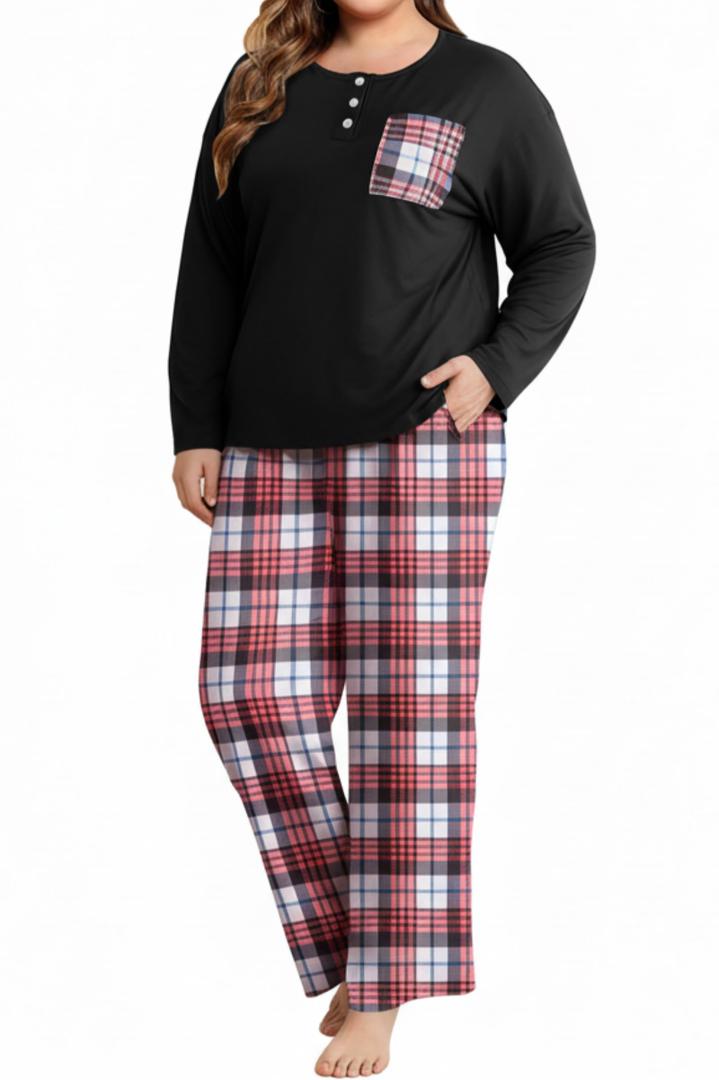 FLYCURVY Plus Size Women's Pajama Sets 2 Piece Long Sleeve Sleepwear Soft Pj Set Loungewear Plaid Pjs with Pockets XL-5XL Black