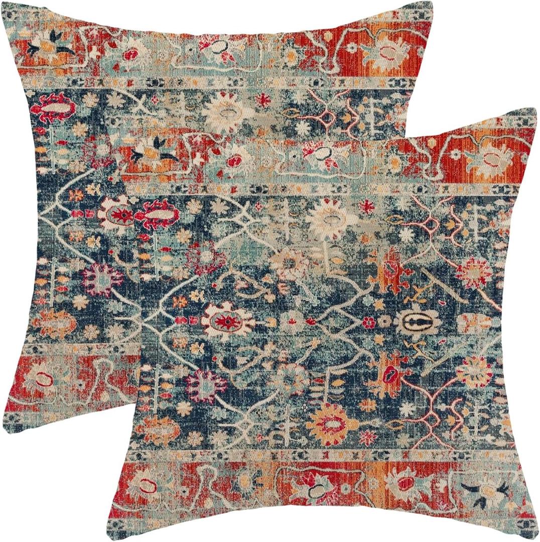 Boho Pillow Covers 20x20 Inch Set of 2,Navy Blue Burnt Orange Ethnic Design Throw Pillows Case,Carpet Pattern Outdoor Decorative Square Linen Farmhouse Decor Cushion Covers for Home Sofa Bed Couch