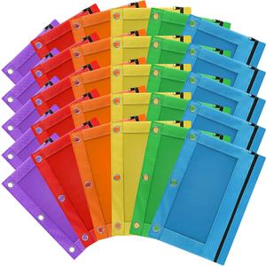3-Ring Pencil Pouch, 30 Pack Bulk Zipper Pen Pouches in Assorted Colors for Office College School Supplies Cosmetics, Cloth Pencil Case for 3 Hole Binder
