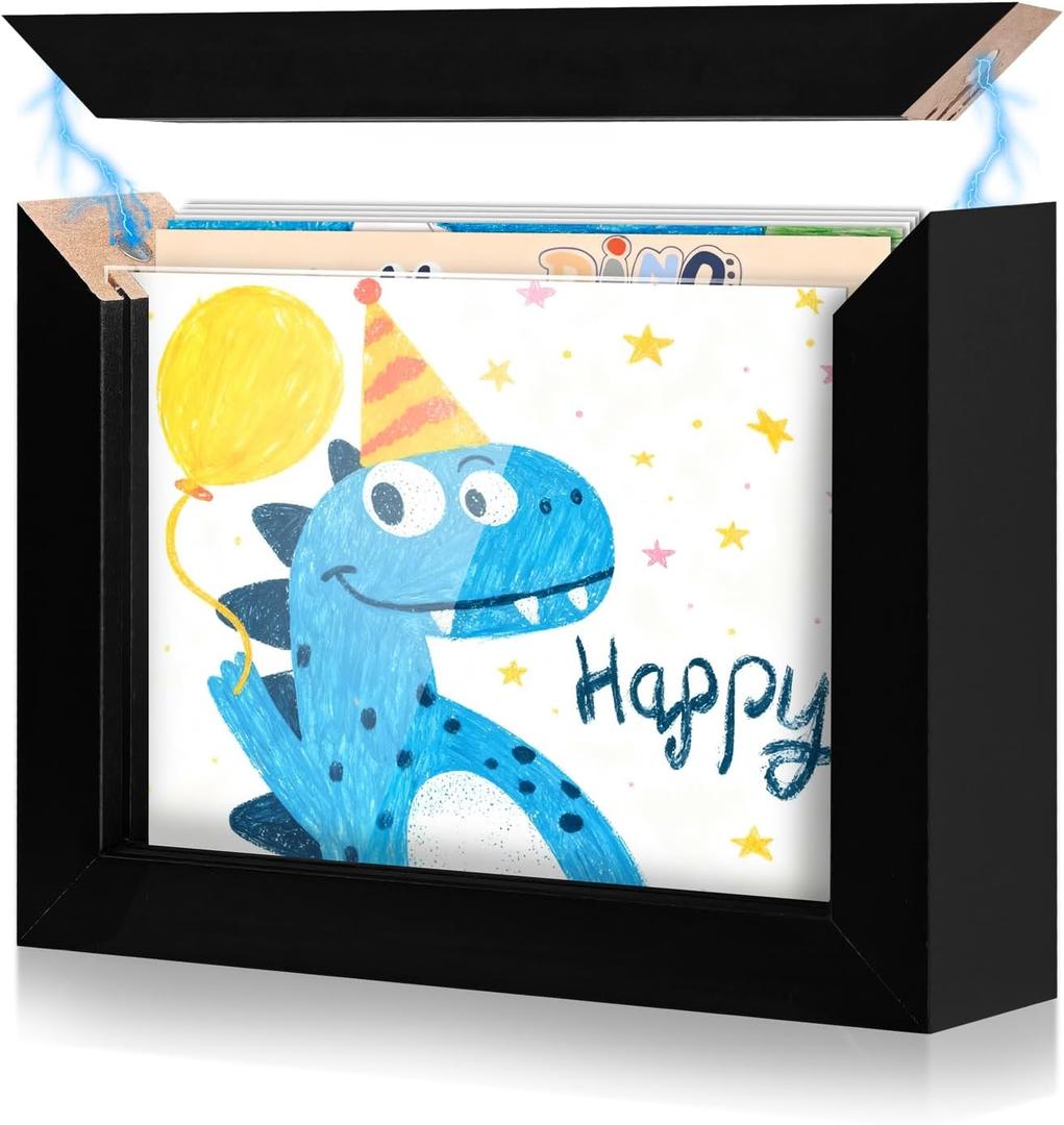 Kids Art Frame 4x6 Inch with Storage, Magnetic Front Opening Changeable Kids Artwork Frame for Wall Holds 150 Sheets 3D Crafts Children's Pictures Display Mounting Hardware Included (1Pc-Black)