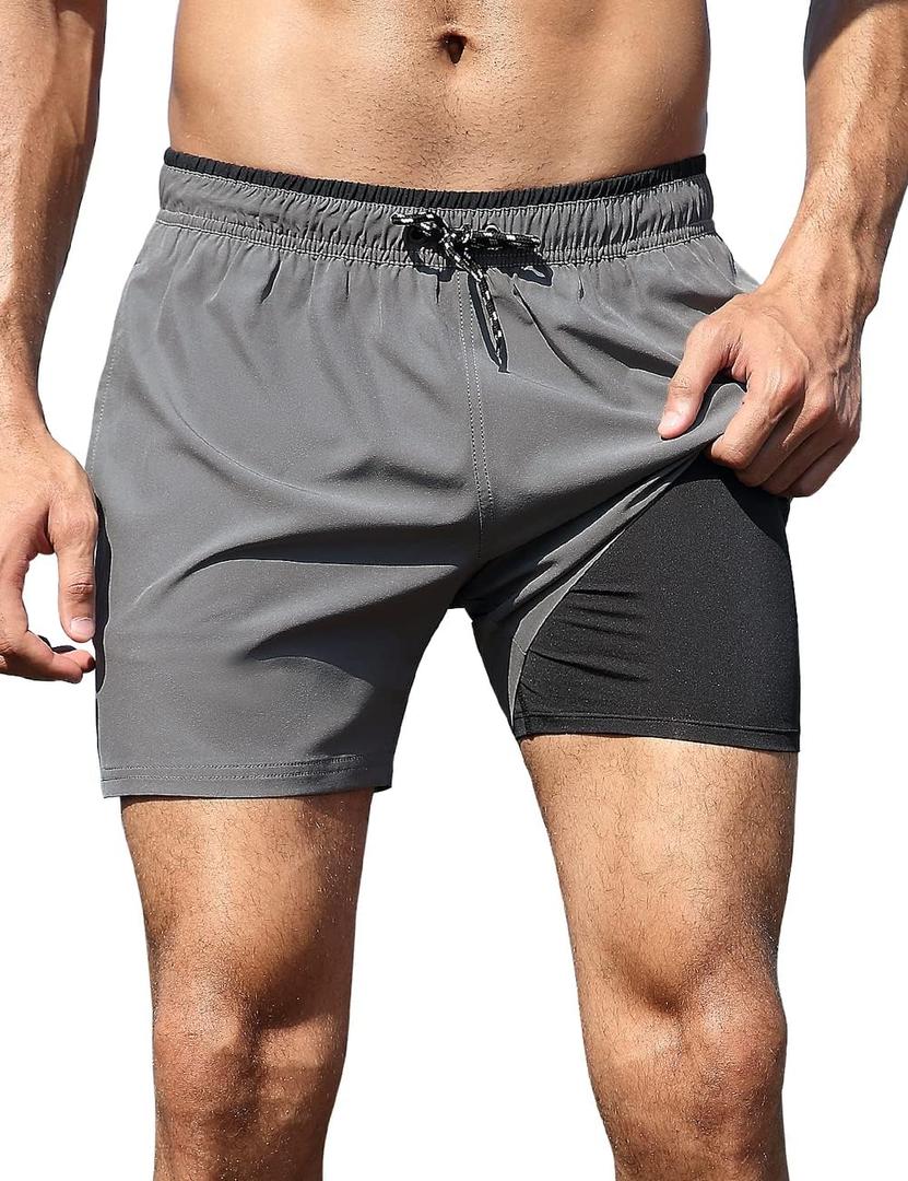 unitop Mens Swim Trunks with Compression Liner 5 Inch Inseam Surfing Board Shorts with Zipped Pockets (28, Grey)