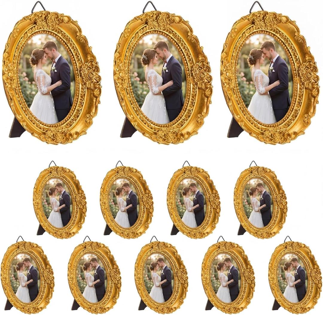 Vicenpal 6 Pcs Gold Tiny Picture Frame 2.6 x 1.8 Inch Small Vintage Oval Picture Frames Stylish Baroque Ornate Antique Resin Oval Table Display for Home Wedding (Vintage Style)