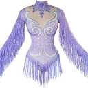 Youmeisha Sexy Fringe Rhinestone Bodysuit Mesh Perspective Women Birthday Party Outfit Team Dance Show Drag Queen Costumes (Purple) Size 12~18