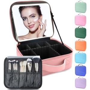 SUILU Makeup Bag with Led Mirror,with 3 Color Setting,Portable Storage and Adjustable Dividers Travel Makeup Bag, for Women and Makeup Artists Large Vanity Makeup Cases-Pink