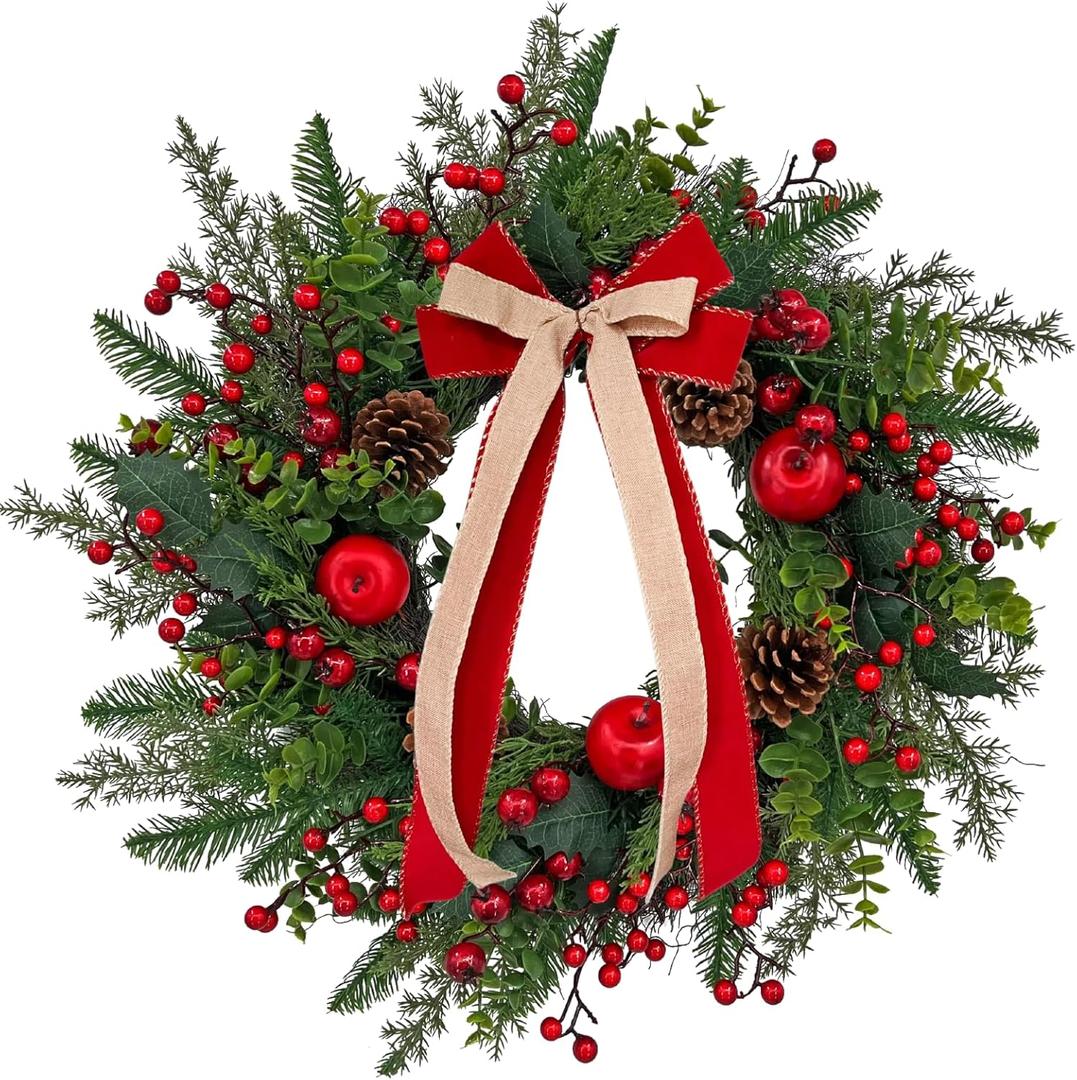 24 Inch Outdoor Christmas Wreath with Red Bow & Storage Bag  Red Berry, Apple & Pine Winter Wreaths for Front Door  Perfect Easy Storage for Year-Round Use