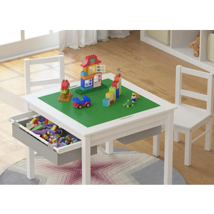 UTEX Wooden 2 in 1 Kids Construction Play Table and 2 Chairs Set with Storage Drawers, and Built in Plate Compatible with Lego and Duplo Bricks