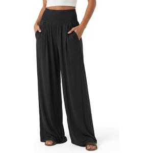 Zylioo Tall Womens Pants Wide Leg Palazzo Pants Elastic Waist Baggy Long Inseam Summer Lounge Beach Bottoms with Pockets (Black, M)