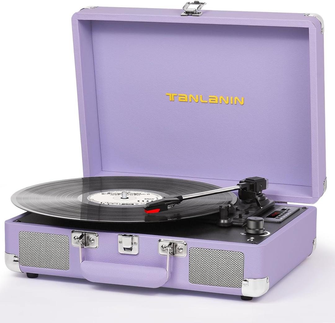 Vinyl Record Player with Built-in Speakers Vintage 3-Speed Portable Suitcase Bluetooth Turntables with USB Recording Belt-Driven LP Player Support AUX/RCA/Headphone Jack, Purple Leather