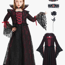 LETIME Vampire Costume for Girls Halloween kids Royal Vampire Dress Elegant Gothic Outfit for Trick-or-Treat & Parties Size M
