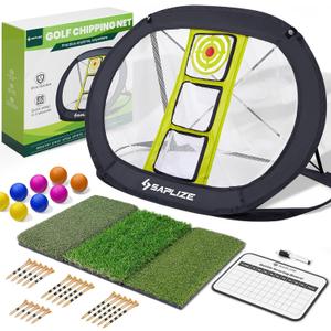 SAPLIZE Ultra-Stable Golf Chipping Net Set with Pop-Up Target, Tri-Turf Mat, Foam Practice Balls, Tees and Scoring Board for Indoor and Outdoor Chipping Accuracy and Swing Training