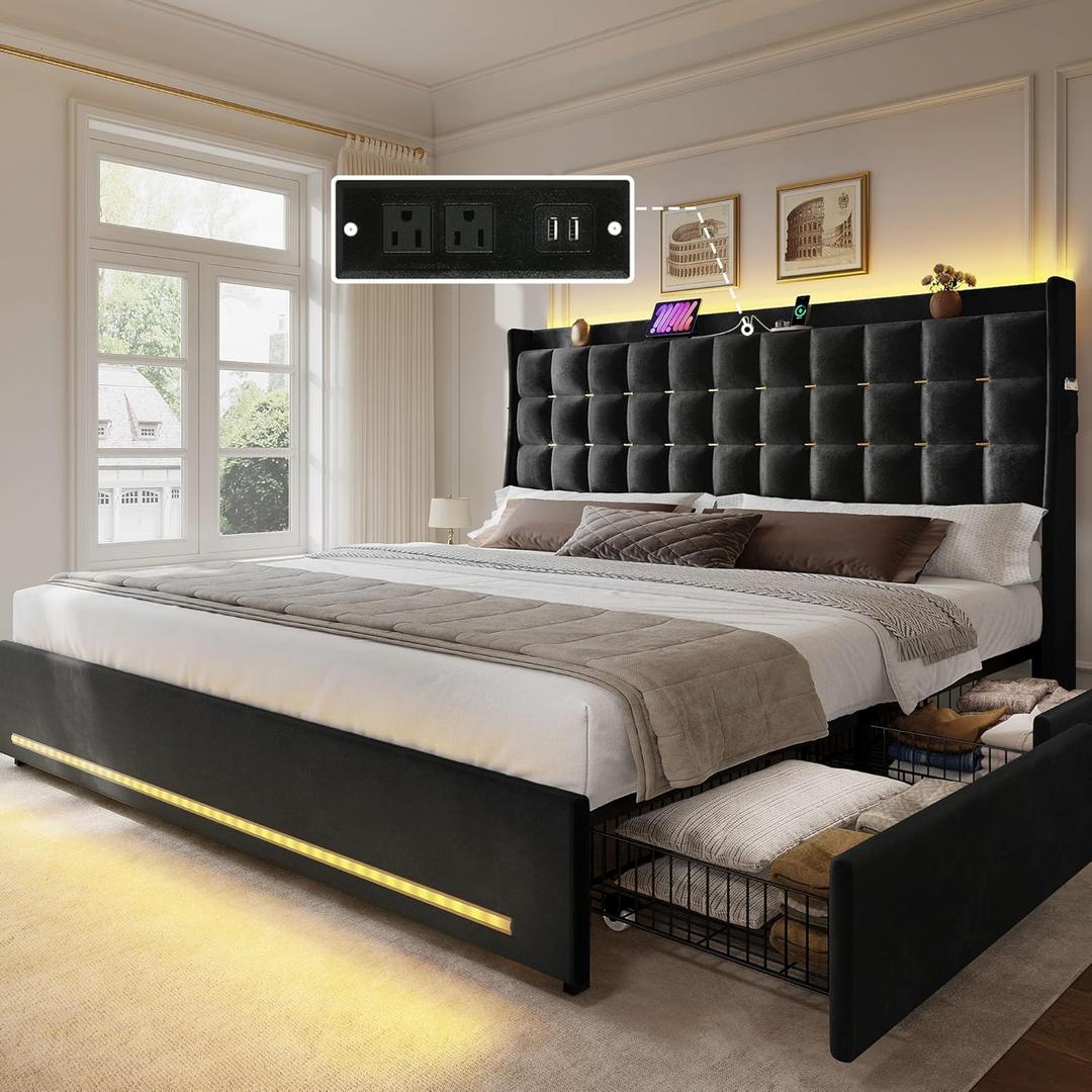 YITAHOME King Size Bed Frame with 4 Drawers and RGB LED Lights, Velvet Upholstered Platform Bed with Charging Station and Storage Headboard, No Box Spring Needed, Easy Assembly, Noise-Free, Black