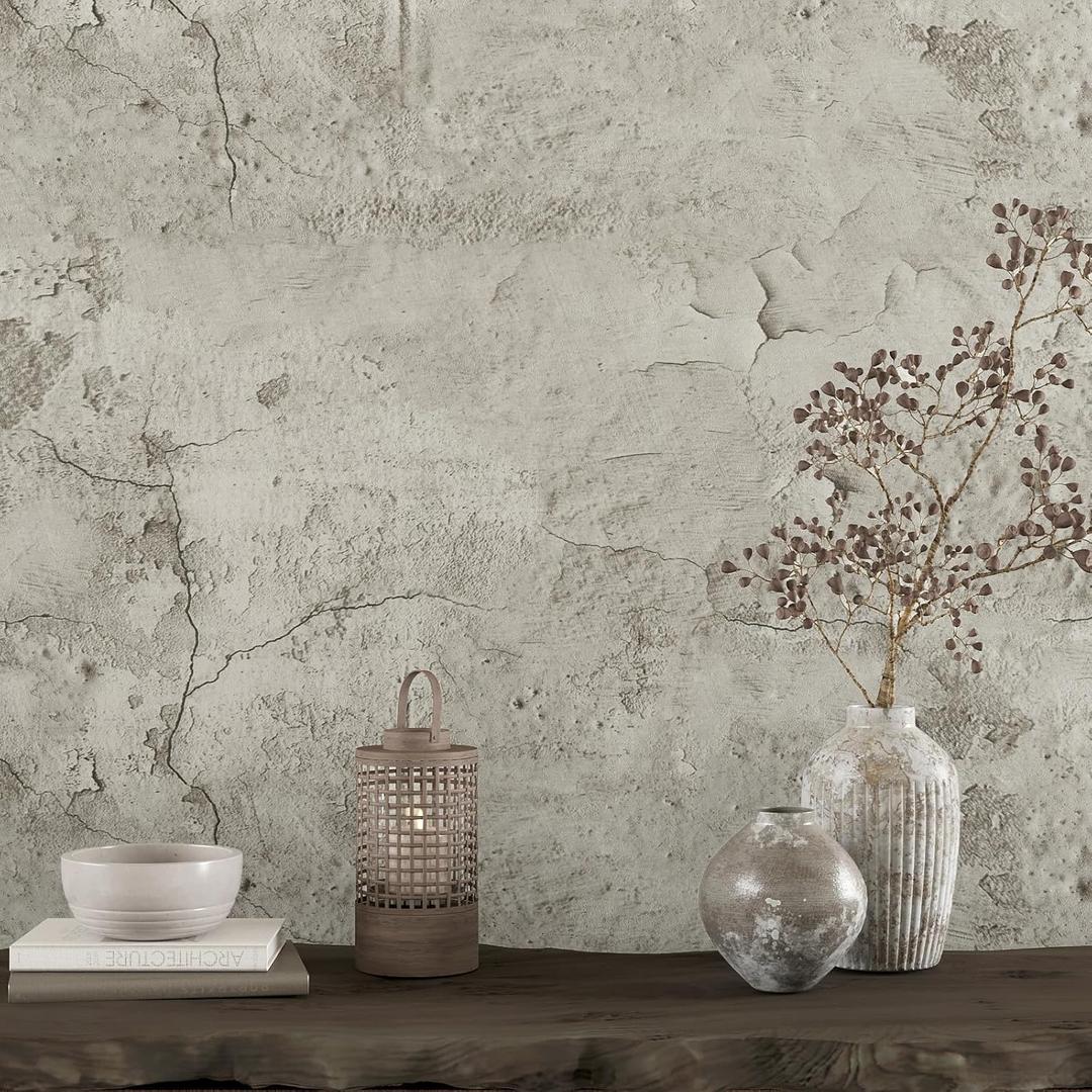 VEELIKE Cracked Beige Concrete Wallpaper Peel and Stick Textured Industrial Wallpaper for Bedroom Living Room Accent Wall 15.7''x354'' Removable Cement Wall Paper Concrete Contact Paper for Walls