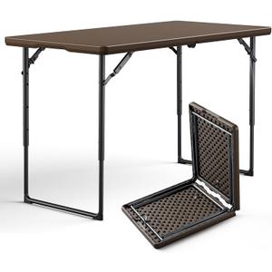 Folding Table 4FT Heavy Duty Plastic Table with Handle, Foldable&Portable, Fold-in-Half Utility Tables for Outdoor, Dining, Wedding, Events, Indoor, Picnic, Camping, Party, Brown