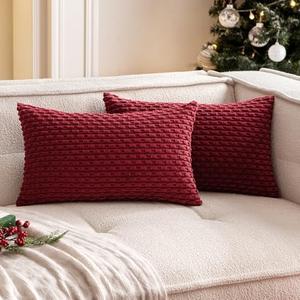 Woaboy Burgundy Throw Pillow Covers 12x20 Inch Set of 2 Decorative Couch Pillow Covers Farmhouse Soft Corduroy Boho Home Decors for Winter Cushion Bed Sofa Living Room