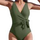 AI'MAGE Womens One Piece Swimsuits V Neck Slimming Bathing Suit Color Block Tie Side Swimwear Tummy Control Swim Suits 2025 (Medium, Army Green)