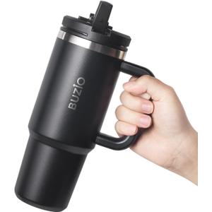 BUZIO 30 oz Tumbler with Handle, Stainless Steel Vacuum Insulated Tumbler with 2-in-1 Lid and Straw, Leak-proof Double Walled Travel Coffee Mug for Water, Tea or Coffee, Black
