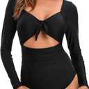 Women Long Sleeve Swimsuits Tummy Control One Piece Swimwear V Neck Zipper Bathing Suit UV Protection, Size: M