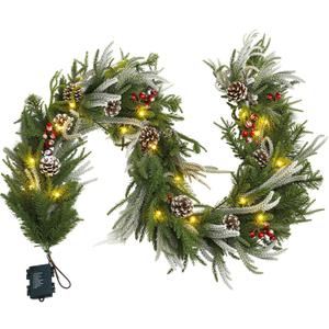 VIHOSE 6 FT Christmas Garland with Lights, Pre-Lit Artificial Christmas Garland, Flocked Surface with Red Berries Pine Cones for Mantels Stairs Railing Home Xmas Indoor Outdoor Decoration