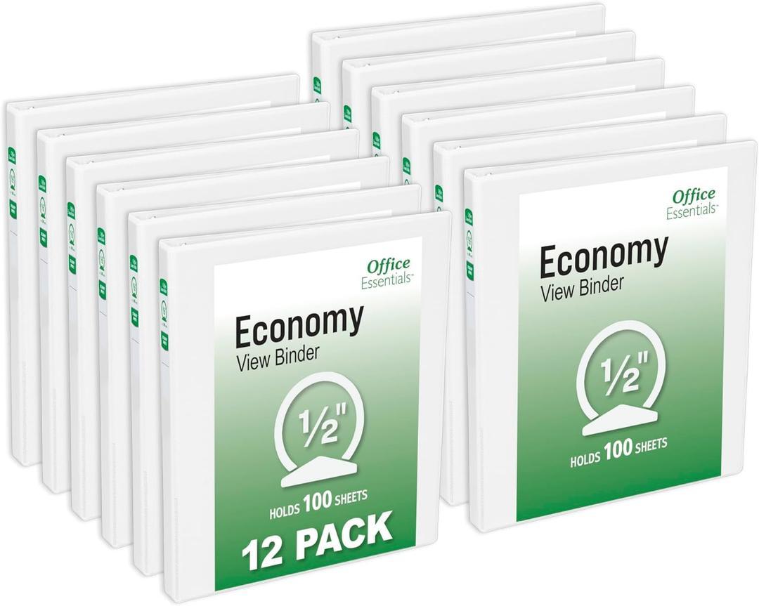 Office Essentials Economy View 3 Ring Binders, 0.5" Round Rings, 0.7" Spine, 100-Sheet Capacity, White Binders
(12-Pack of 03422)