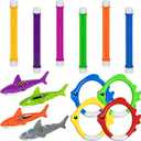 14 Pcs Pool Toys for Kids Ages 4-8, Diving Toys with Diving Rings, Pool Shark Torpedo Bandits, Summer Underwater Pool Toys Set for Kids Learning Training Swimming